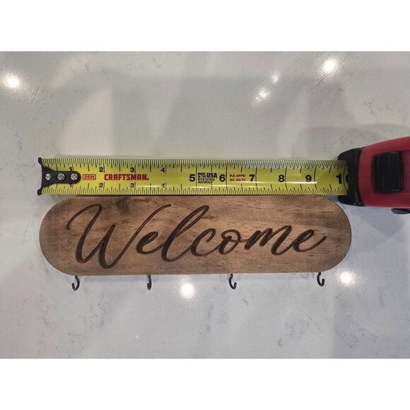 Rustic Wood "Welcome" Wall-Mounted Key Holder With 4 Hooks - Picture 1 of 4